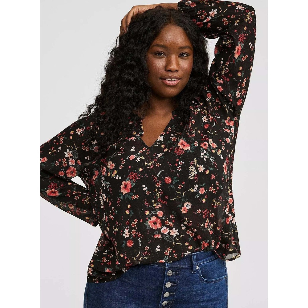 Torrid Black Crinkle Chiffon Lurex Peasant Long Sleeve Blouse Plus Sz 1 (1X)